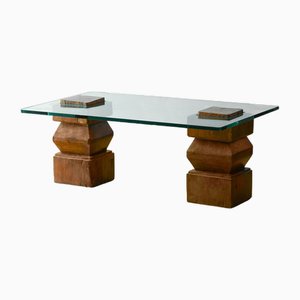 Mesa de salón con granjas de madera y tablero de vidrio