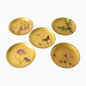 Platos japoneses vintage lacados en dorado, años 40. Juego de 5