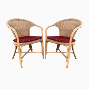 Fauteuils en Rotin et Bambou avec Coussins, 1970s, Set de 2