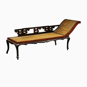 Antique Chinese Chaise Lounge in Wood and Rattan, 1890s
