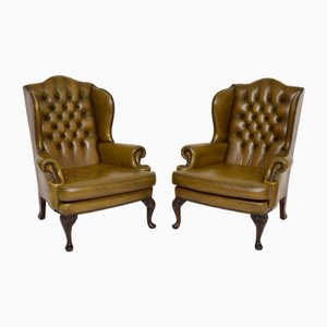 Vintage Leather Wing Back Armchairs, 1930, Set of 2