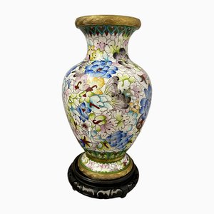 Jarrón chino cloisonné grande con decoración floral, años 60
