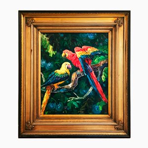 Exotic Boho Parrots, Oil on Canvas, Framed