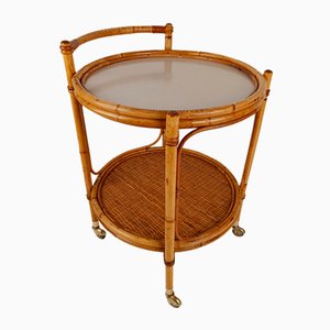 Vintage Round Serving Bar Cart in Bamboo and Rattan, 1960s