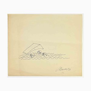 Mino Maccari, Swimmers, Ink Drawing, 1950s