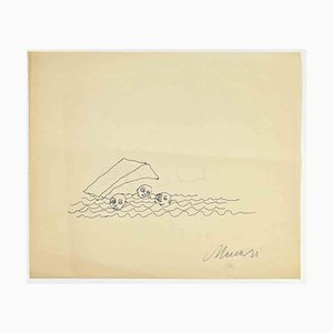 Mino Maccari, Swimmers, Ink Drawing, 1950s