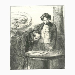 Lithographie Originale, Paul Gavarni, The Reading Men, 1881