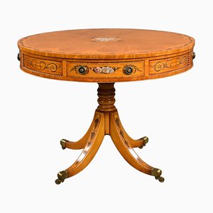 Edwardian Hand Painted Drum Table in Satinwood, 1910