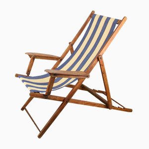 Vintage Italian Foldable Wood and Fabric Deck Chair, 1980s
