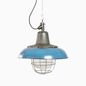Polish Industrial Pendant Lamp in Cast Iron and Blue Enameled Steel, 1950