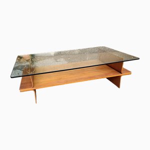 Bent Plywood Coffee Table with Bookshelf and Glass Top, 1950s