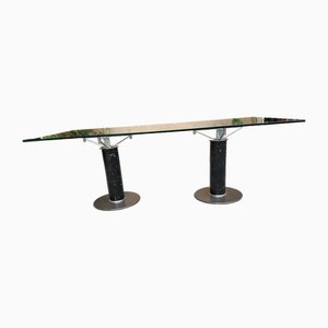 Dining Table with Iron Legs and Marble Chromium Structure Glass Top, 1980s
