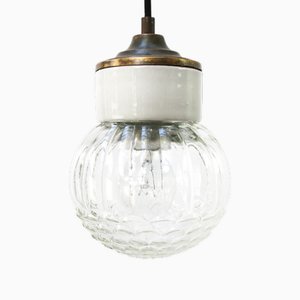 Vintage Industrial White Porcelain, Clear Glass and Brass Pendant Lamp