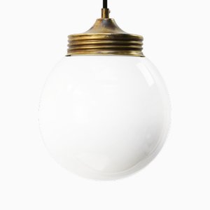 Vintage White Opaline Glass and Brass Pendant Light