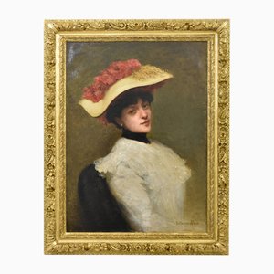 Guillaume Alaux, Young Woman in a Hat, 19th Century, Oil on Canvas, Framed