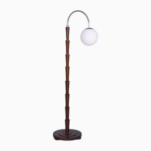 Czech Cubism Floor Lamp in Beech and Chrome-Plated Steel, 1920s