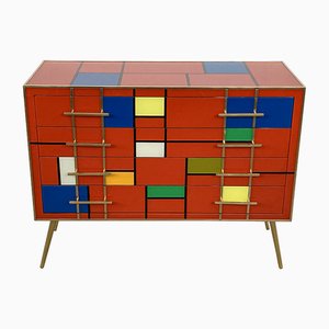 Comò in vetro e legno multicolore