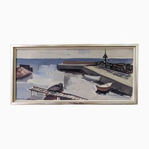 Bateaux à la Jetée, 1950s, Peinture à l'Huile, Encadré
