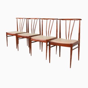 Scandinavian Rosewood Spindle Back Dining Chairs with Caramel Leatherette Upholstery, 1970s, Set of 4
