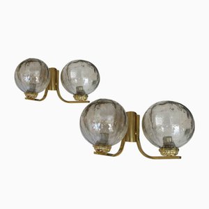 Brass & Glass Double Wall Lights, 1970s, Set of 2