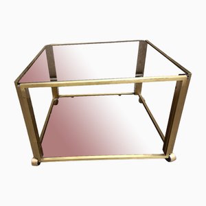 Square Brass Coffee Table with Double Smoked Glass Top, 1950s