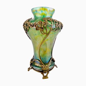 Art Nouveau Glass Vase with Bronze Overlay, 1900s