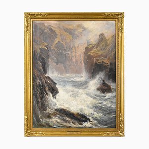 Charles Sim Mottram, Rocky Cliff, Cornish Seascape, 1885, huile sur toile, encadré