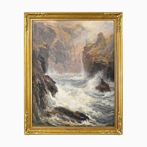 Charles Sim Mottram, Rocky Cliff, Cornish Seascape, 1885, Oil on Canvas, Framed