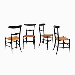 Campanino Chairs in Black Lacquer and Straw by Gaetano Descalzi for Chiavari, Italy, 1950, Set of 4