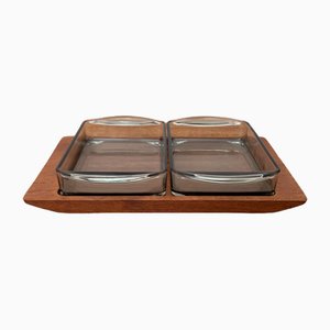 Mid-Century Danish Teak Tray from Artiform with Cabaret Glass Trays from Holmegaard, 1960s, Set of 3