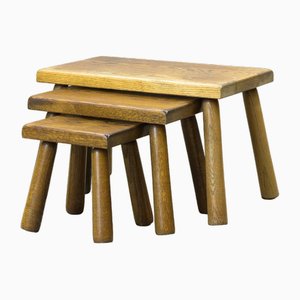Brutalist Rectangle Oak Nesting Tables / Stools in the style of Charlotte Perriand, 1950s, Set of 3