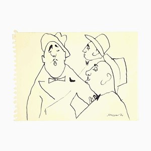 Mino Maccari, Personnages avec Chapeau, Dessin à l'Encre, 1960s