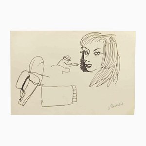 Mino Maccari, Pixie with Hat and Woman, Drawing in Ink, 1960s