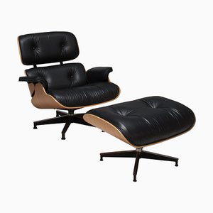 Oiled Walnut & Black Leather Lounge Chair & Ottoman attributed to Herman Miller for Eames, 2010s, Set of 2