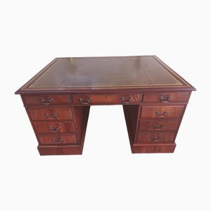 Large Antique Style Partners Desk in Flame Mahogany with Leather Top, 1970s