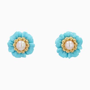 Aretes con flores en turquesa de oro amarillo de 18 kt, años 60