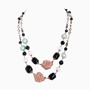 Rose Gold and Silver Necklace with Onyx and Jade Pearls, 1950s