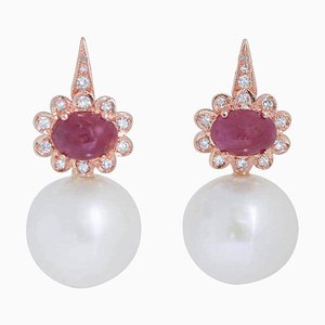 Boucles d'Oreilles en Or Rose 14 Carats avec Rubis et Diamants, 1960s