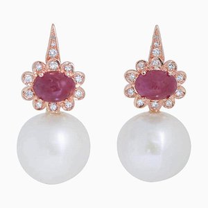 Orecchini in oro rosa a 14 carati con rubini e diamanti, anni '60