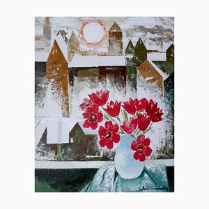 Laimdots Murnieks, City and Tulips, 1988, Oil on Cardboard