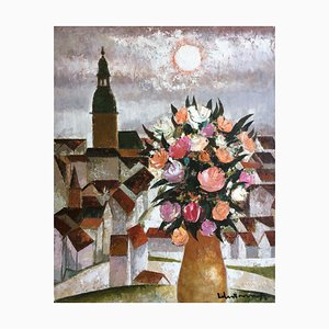 Laimdots Murnieks, City with Roses, 1988, Olio su cartone