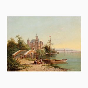 William Raymond Dommersen, paisaje de estuario holandés, óleo sobre lienzo