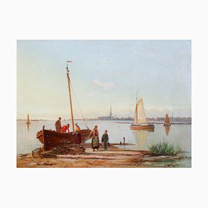 William Raymond Dommersen, paisaje de estuario holandés, óleo sobre lienzo