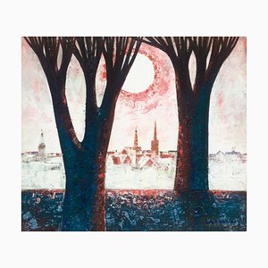 Laimdots Murnieks, City with Sun and Trees, 1996, Oil on Cardboard