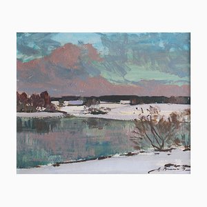 Alfejs Bromults, Winter Landscape, Oil on Cardboard