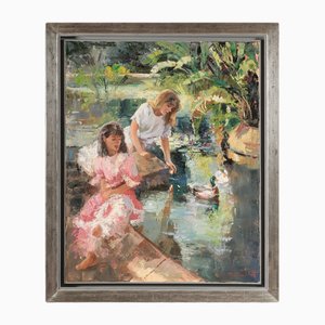 Marie Vandermeulen, Two Girls at the Duck Pond, 1980er, Öl auf Leinwand