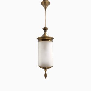 Vintage Brass and Etched Glass Pendant Lantern by Oscar Torlasco for Lumi, 1950s