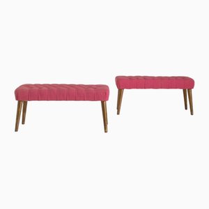 Bänke aus rosa Stoff mit konischen Holzbeinen, 1950er, 2er Set