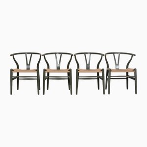 Mid-Century CH 24 Wishbone Chairs with Papercord Seats by H. J. Wegner for Carl Hansen & Son, 1970s, Set of 4