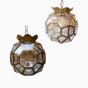 Lampade da soffitto vintage in vetro e ottone, set di 2